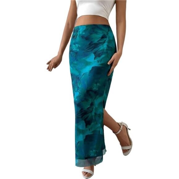 Women's Midi Skirt Mesh Slit Split Blue - Picture 1 of 6